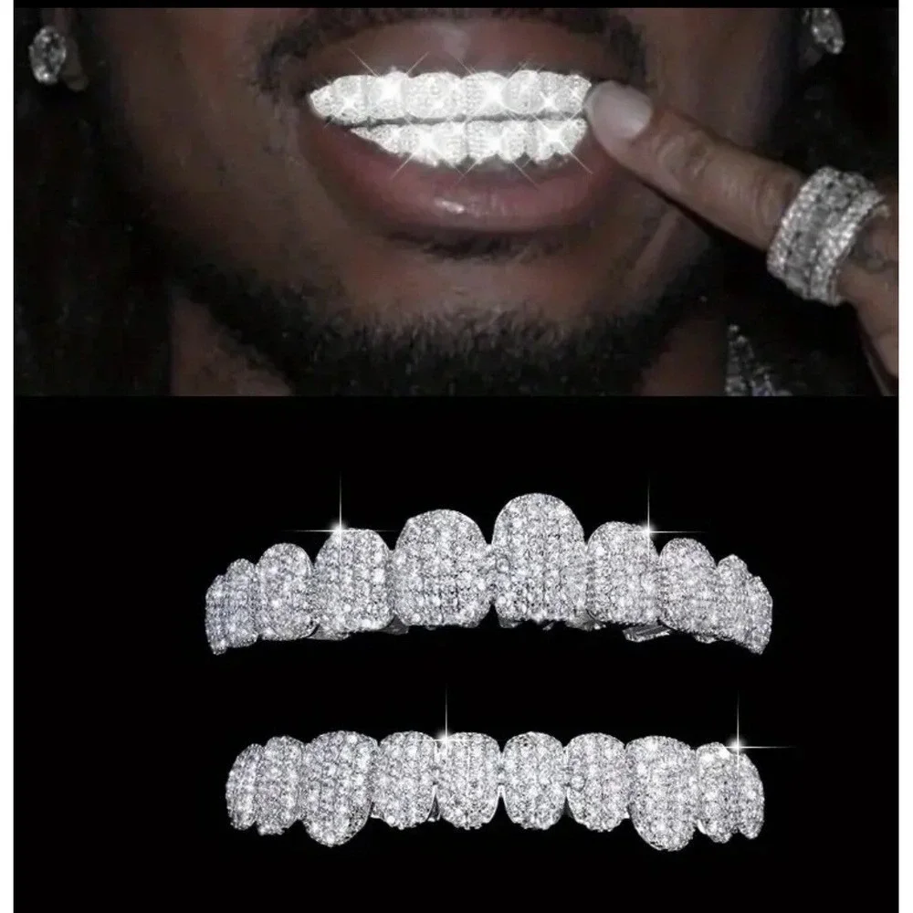 SOLID bling Silver Simulated Diamonds Custom GRILLZ Teeth Top Bottom Set HipHop